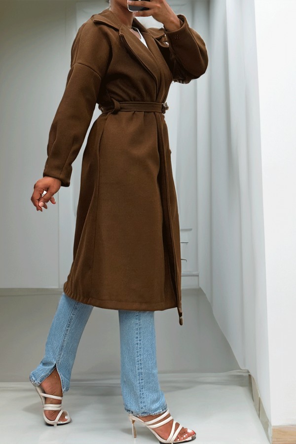 Long manteau marron avec ceinture et poches - 8