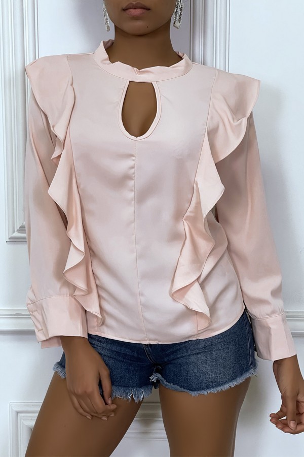 Blouse chic rose à manches longues et volants - 4