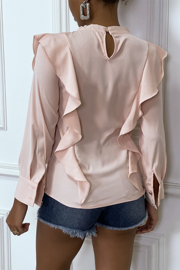 Blouse chic rose à manches longues et volants - 5