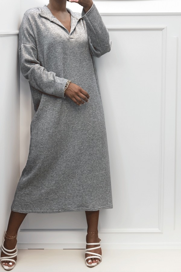 Longue robe épaisse col chemise en gris - 4