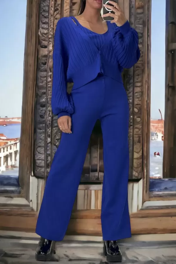 3-teiliges Set: Gilet, Top & Palazzo-Hose in königlichem Blau - Elegantes Outfit für Damen