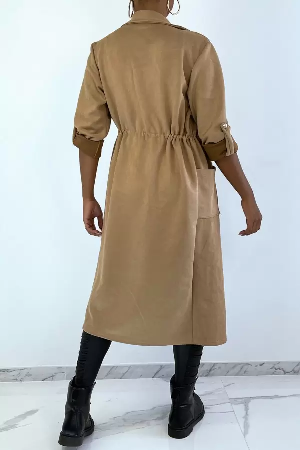 Manteau trench en suédine camel ajustable à la taille - 5