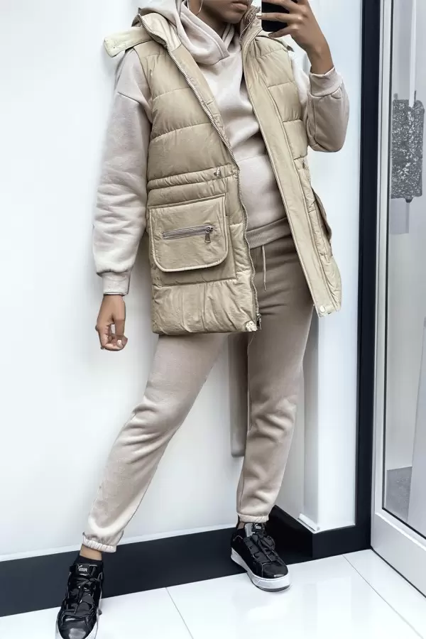 Conjunto 3 peças doudoune, moletom e calça em taupe