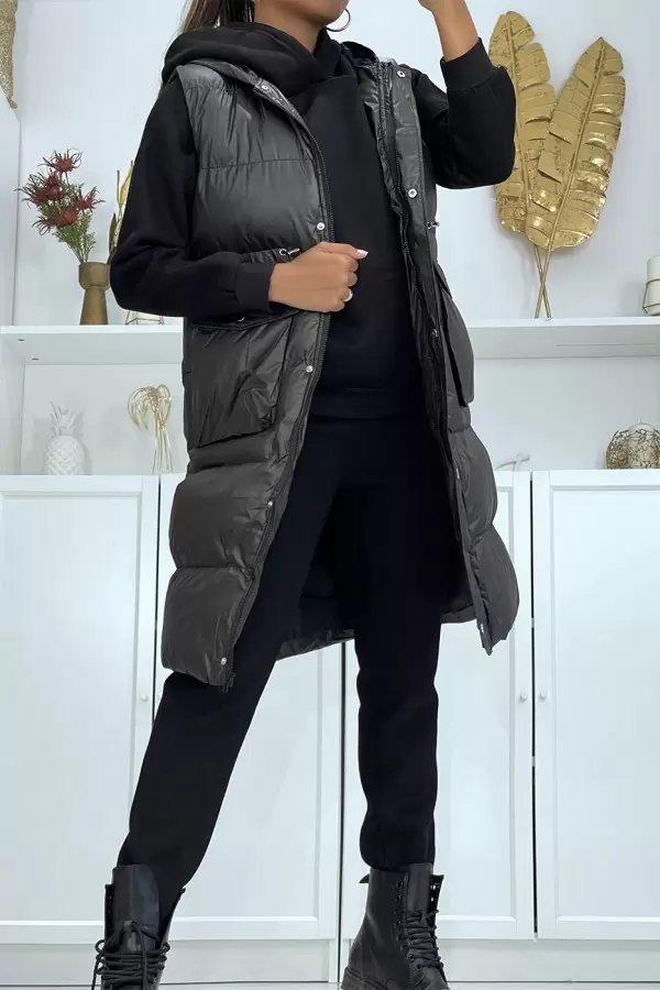 3-Piece Sleeveless Puffer Vest with Sweatshirt and Black Joggers