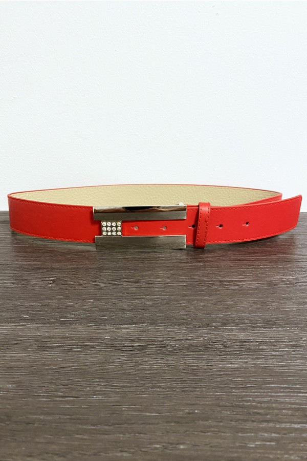 Ceinture rouge avec boucle rectangulaire et strass - 1