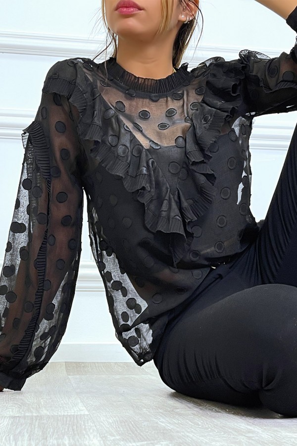 Blouse noire à volant et pois col claudine - 4