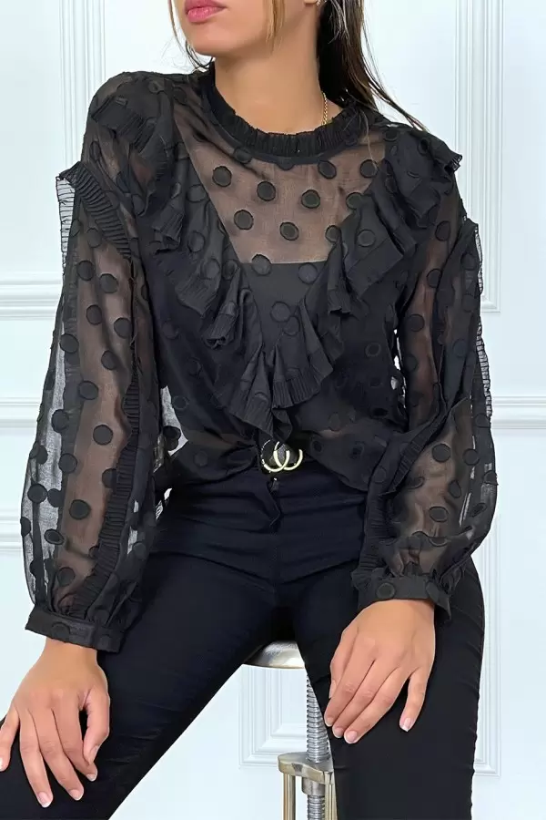 Blouse noire à volant et pois col claudine