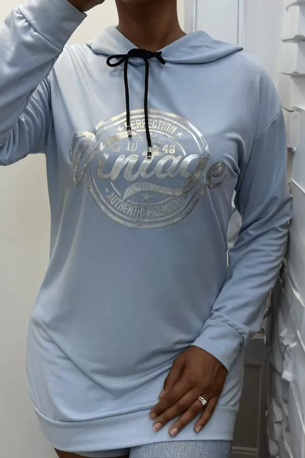 Sweat à capuche turquoise avec écriture VINTAGE à lavant