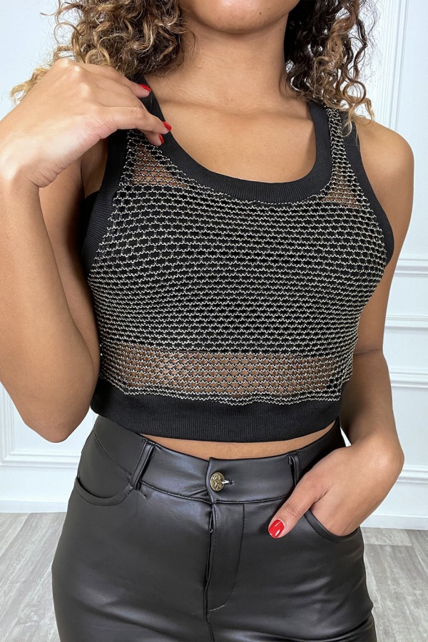 Crop top noir en maille avec fil doré - 2