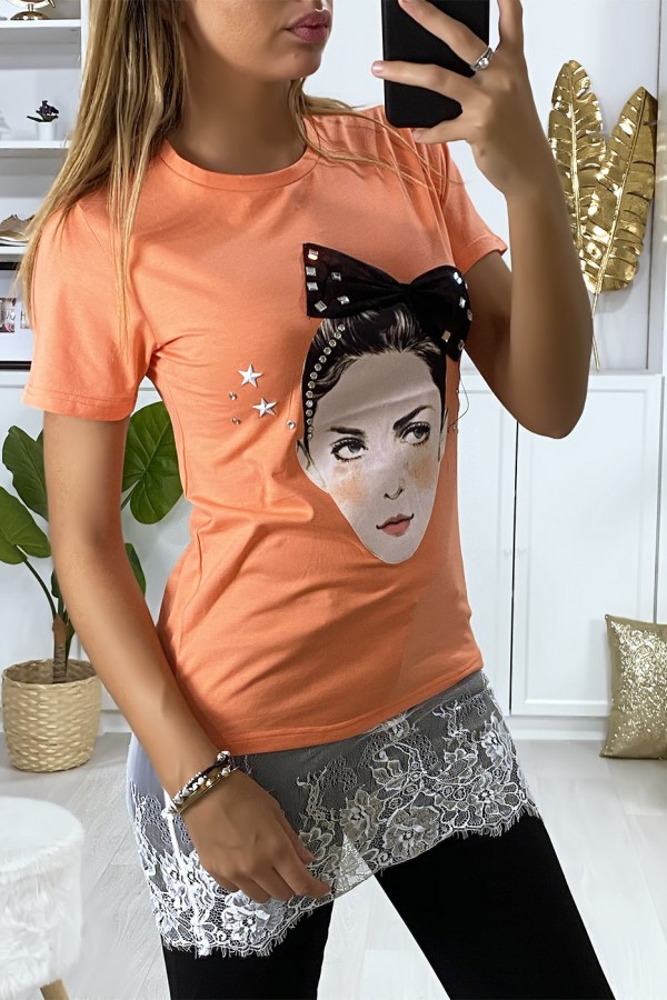 T-shirt corail avec dessin strass et dentelle - 4