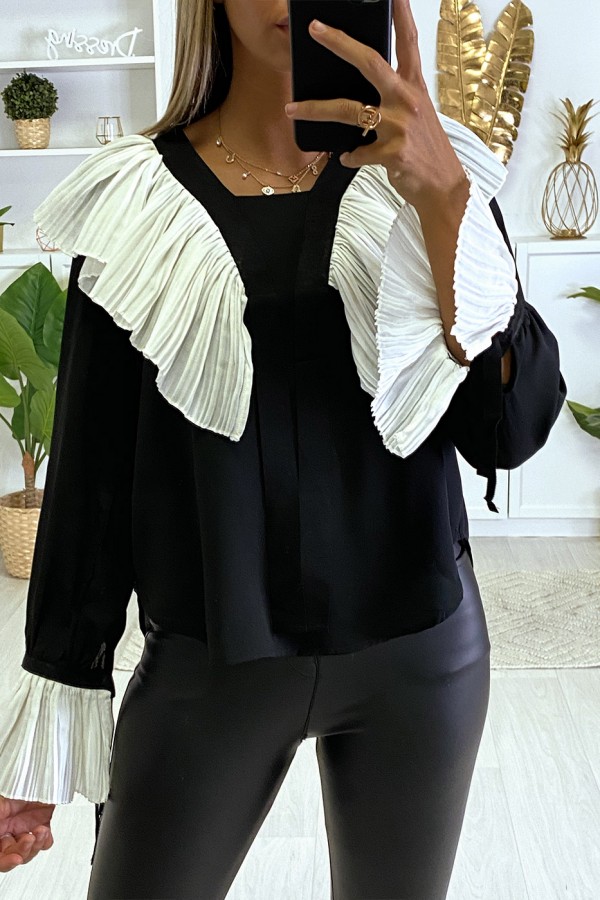 Blouse en crêpe noir avec volant plissé en blanc - 1