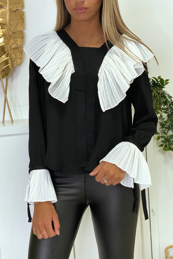 Blouse en crêpe noir avec volant plissé en blanc - 3