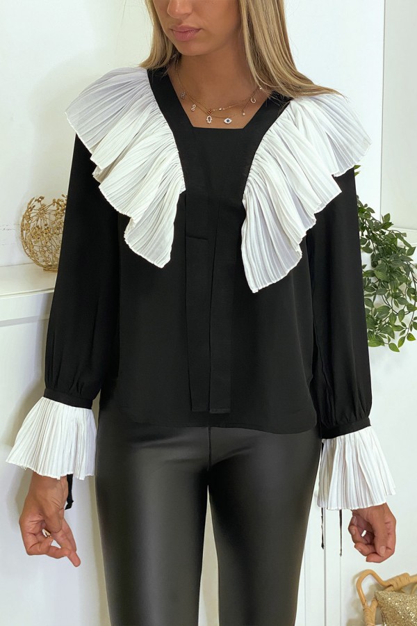 Blouse en crêpe noir avec volant plissé en blanc - 7