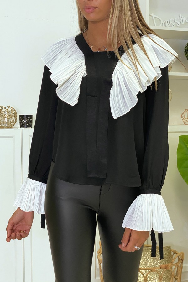 Blouse en crêpe noir avec volant plissé en blanc - 8