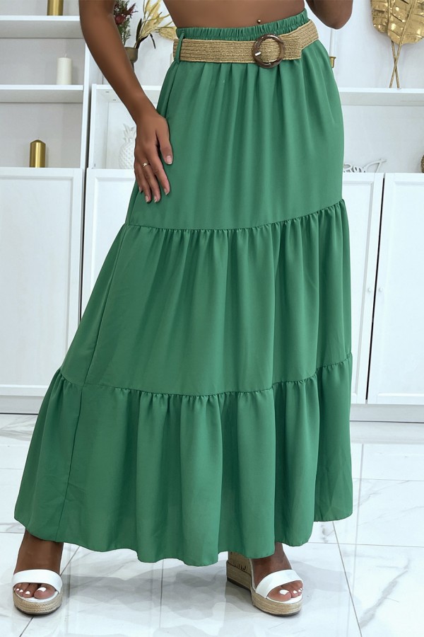 Longue jupe verte style bohème chic avec magnifique ceinture effet paille à fermoir rond - 1