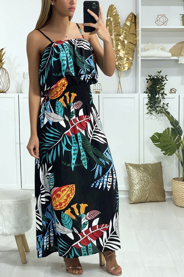 Black Leaf Pattern Maxi Dress with Ruffle and Elastic Waist