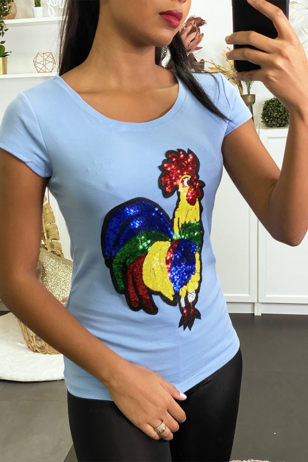 T-shirt bleu avec motif coq en strass - 1