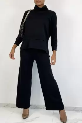 Conjunto negro de chaleco y pantalón palazzo en jacquard elástico | 20,48 $ | OKKO MODE
