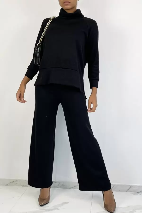 Conjunto preto elegante flare e gola alta