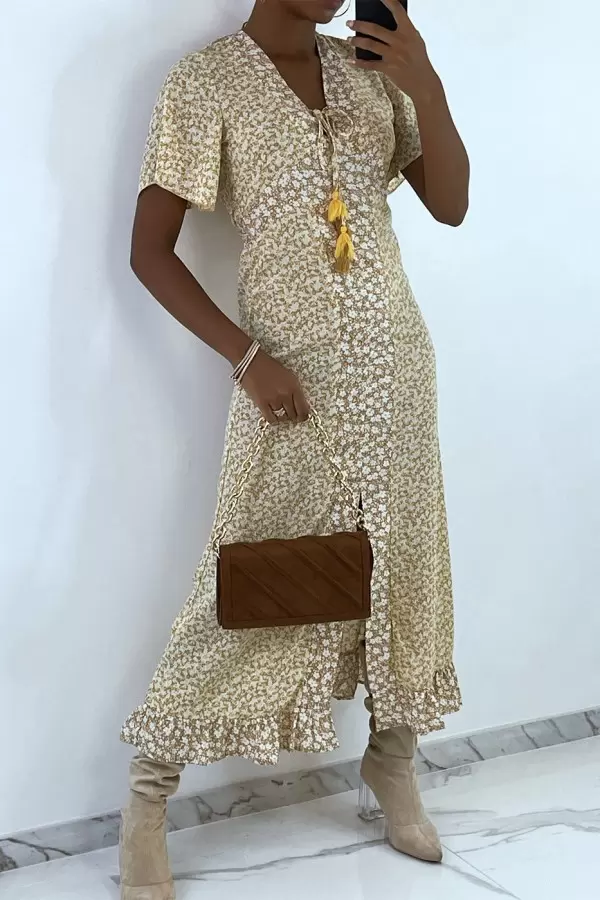 Longue robe beige motif liberty avec fente et volant
