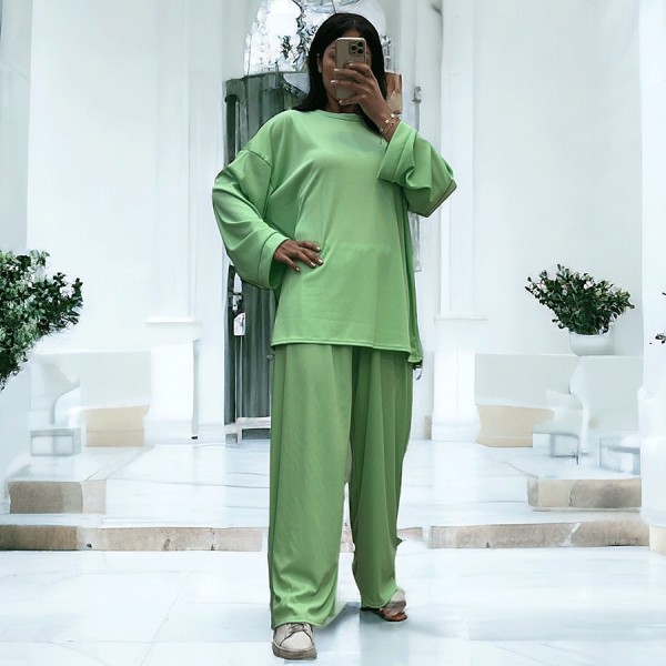 Ensemble tunique et pantalon léger vert d'eau en maille côtelé extensible printemps été   - 2