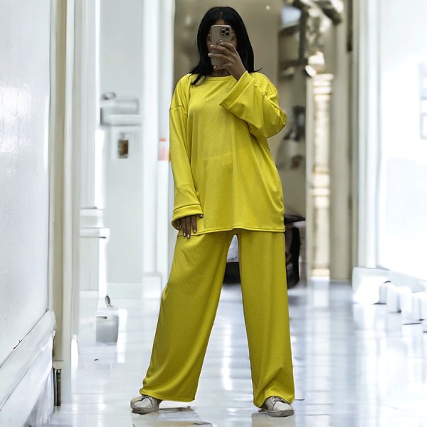 Ensemble tunique et pantalon léger jaune en maille côtelé extensible printemps été   - 3