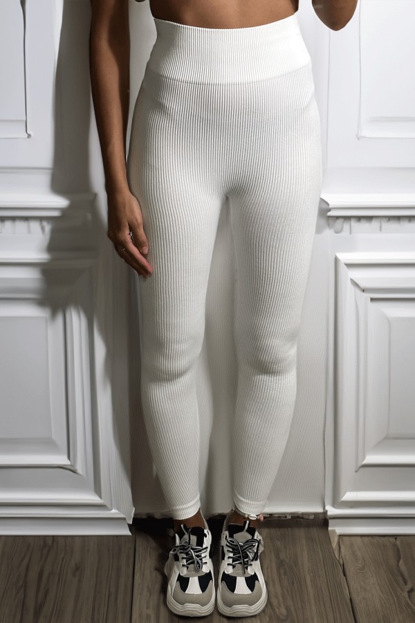 Legging blanc en maille côtelé très extensible - 3