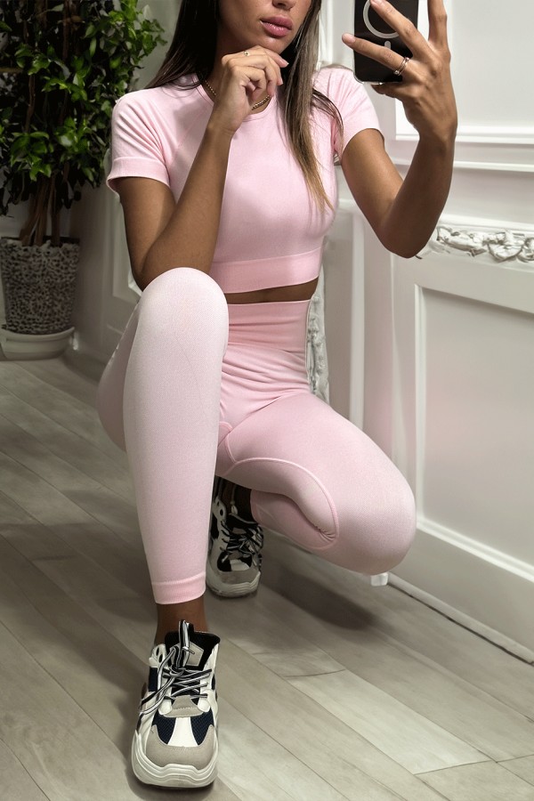 Ensemble legging et top sport rose en matière gênante - 4