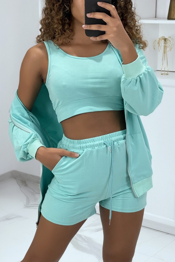 Ensemble 3 pièces vert d'eau sweat top et short - 3