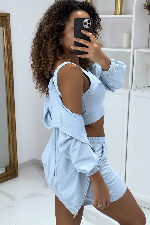 Ensemble 3 pièces bleu sweat top et short - 3