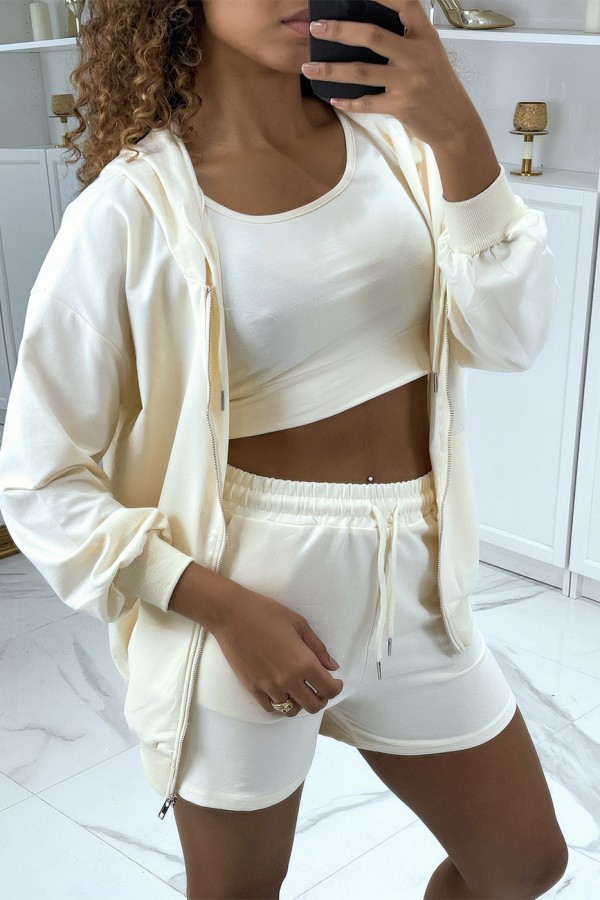 Ensemble 3 pièces beige sweat top et short - 1