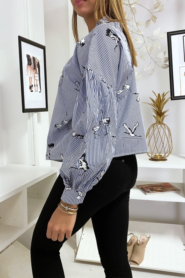 Blouse Bleue marinière motif oiseau. - 4