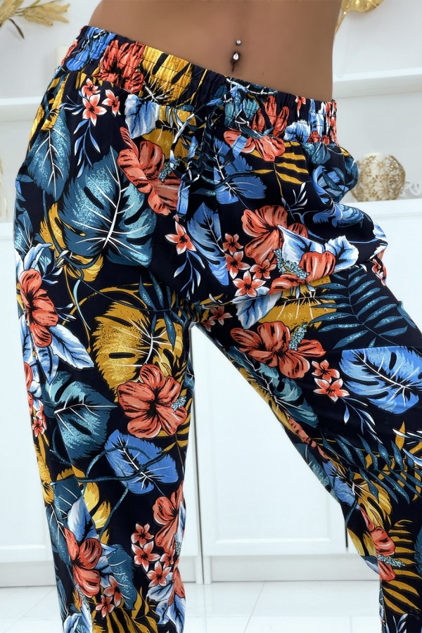 Pantalon fluide marine à motif floral B-59 - 1