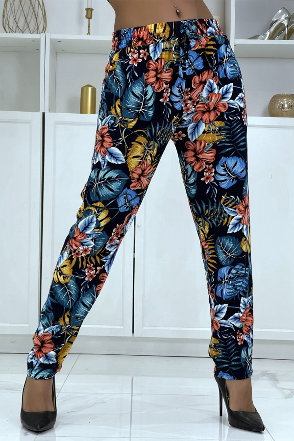 Pantalon fluide marine à motif floral B-59 - 2