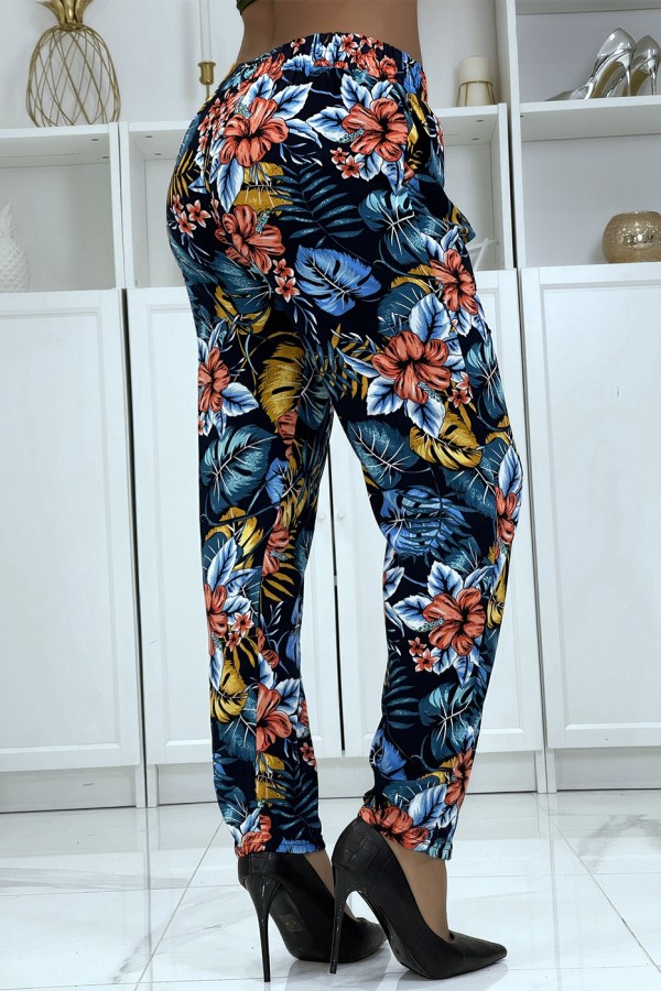 Pantalon fluide marine à motif floral B-59 - 4