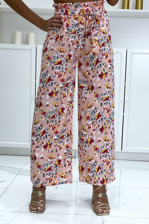 Pantalon palazzo rose motif fleuris en coton - 2