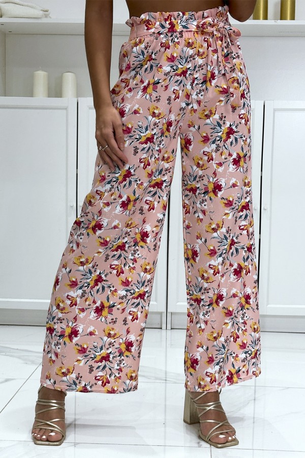 Pantalon palazzo rose motif fleuris en coton - 3