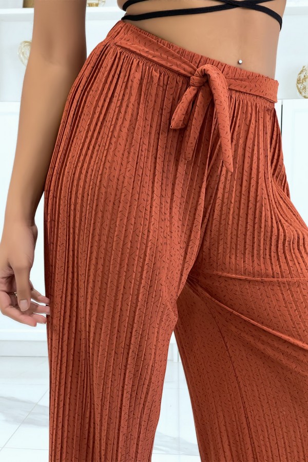 Pantalon palazzo cognac plissé à motif - 4