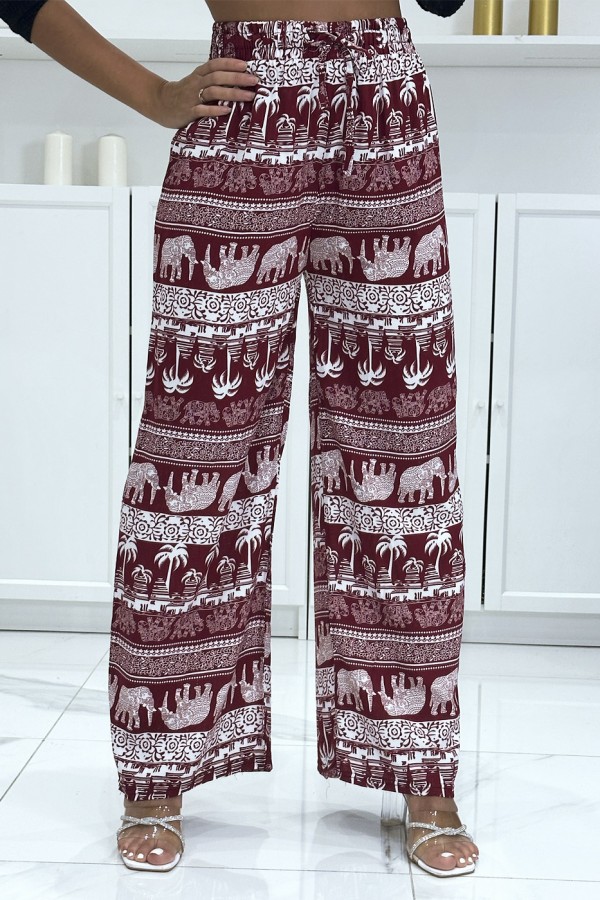 Pantalon palazzo bordeaux à motif palmier - 2