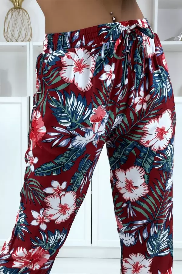 Pantalon fluide bordeaux à motif floral a-45 - 1