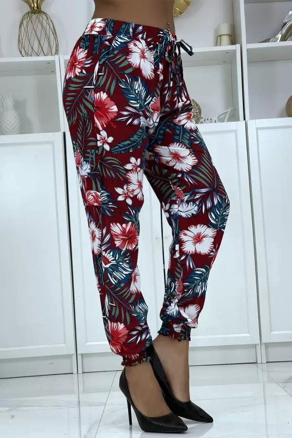 Pantalon fluide bordeaux à motif floral a-45 - 3