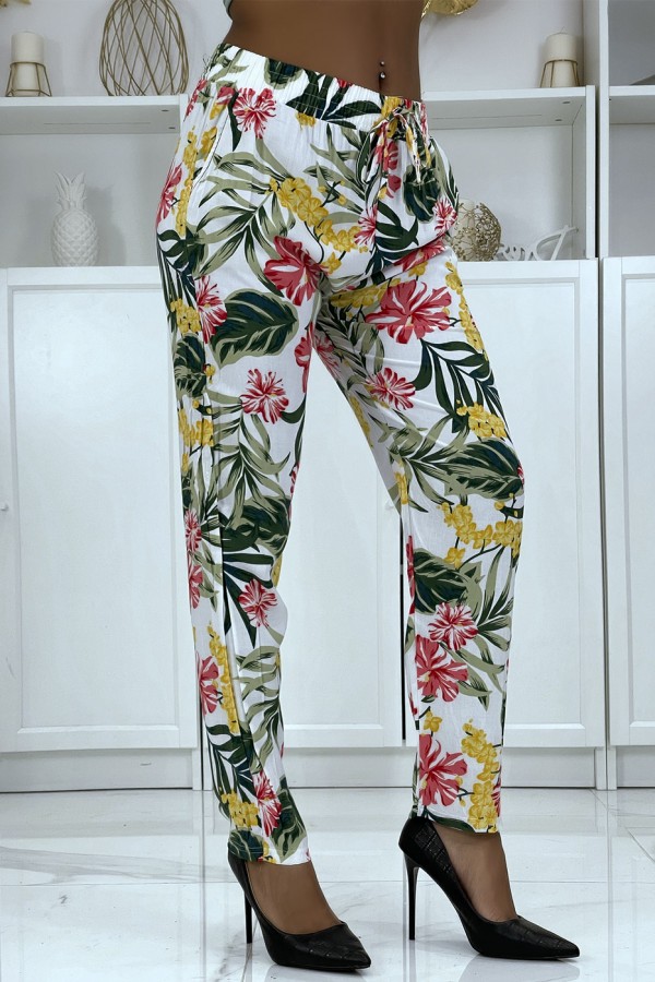 Pantalon fluide blanc à motif floral B-21 - 2