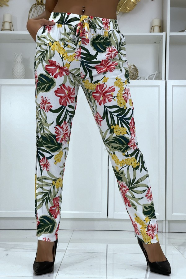 Pantalon fluide blanc à motif floral B-21 - 4