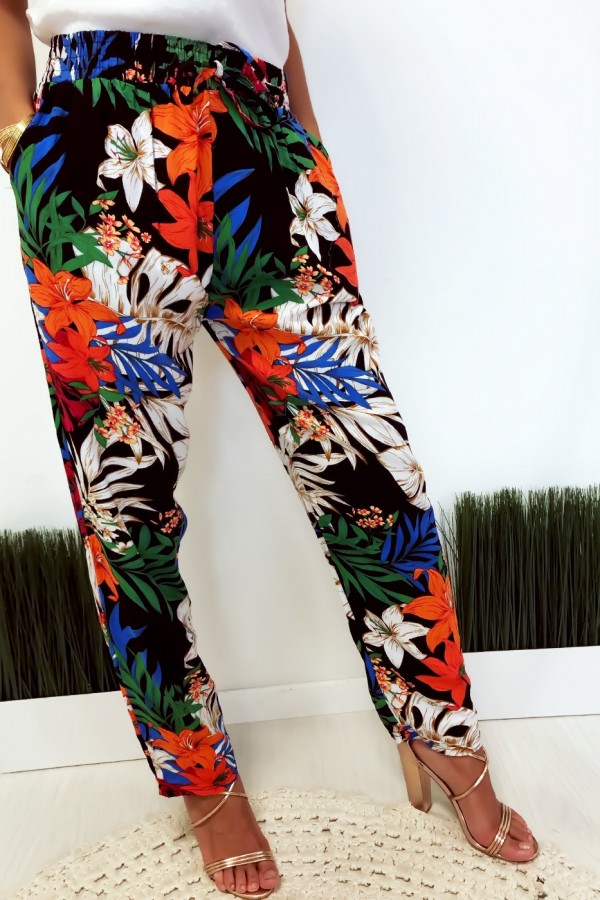 Pantalon fluide très agréable à porter en coton, motif fleuri noir avec poche et lacet - 2