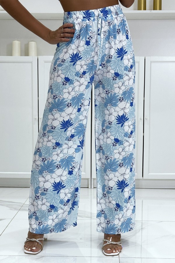 Pantalon palazzo turquoise motif fleurs et feuilles  - 2