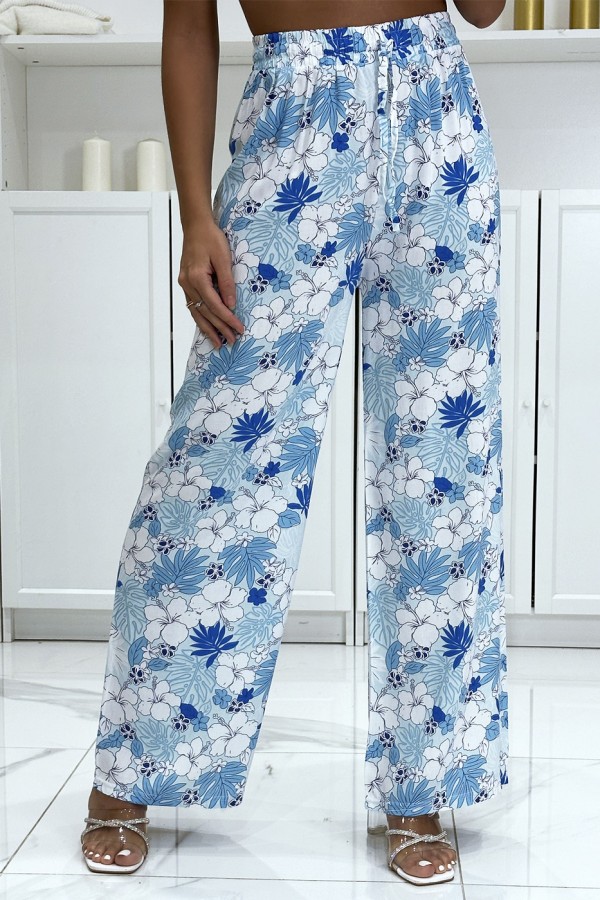 Pantalon palazzo turquoise motif fleurs et feuilles  - 3