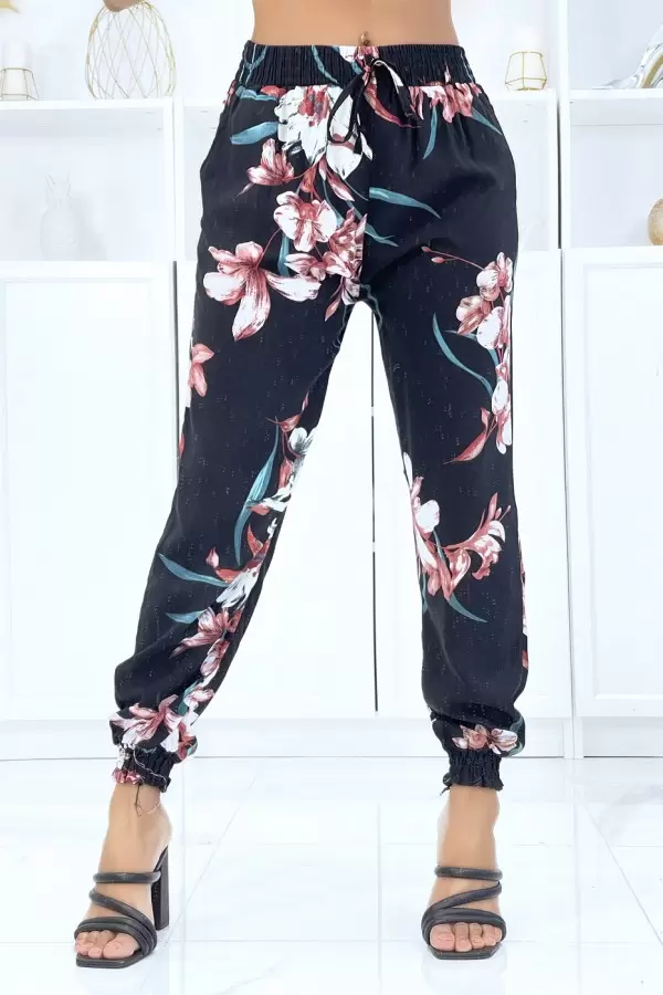 Black Floral Elastic Waist and Ankle Pants
