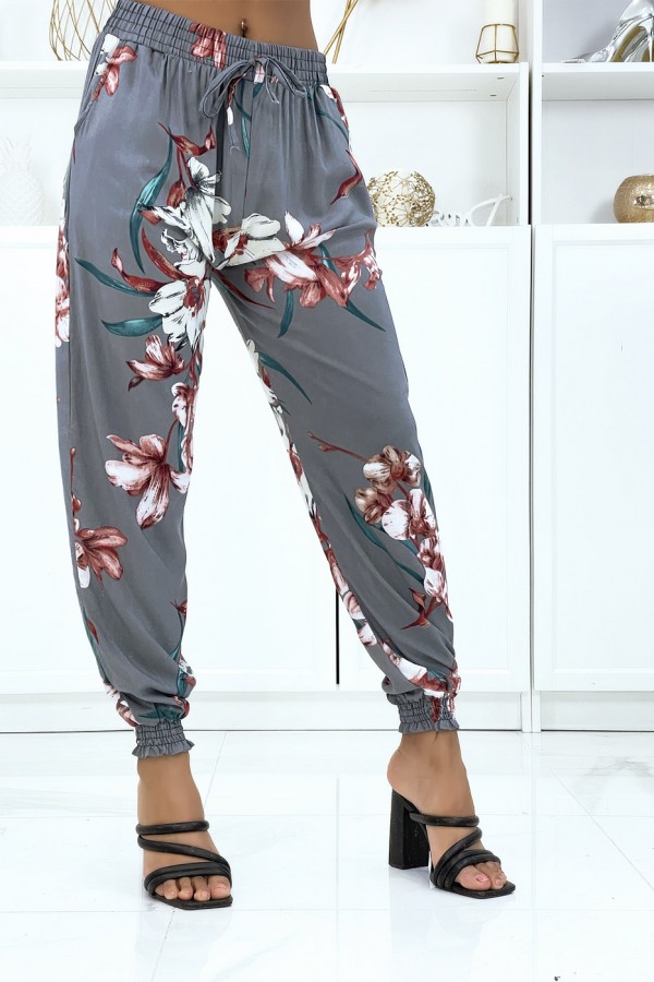 Pantalon gris à fleurs, fluide élastique à la taille et aux chevilles - 2