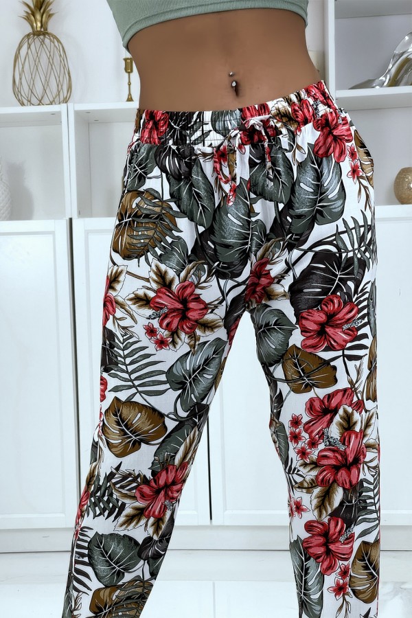 Pantalon fluide blanc à motif floral B-29 - 3