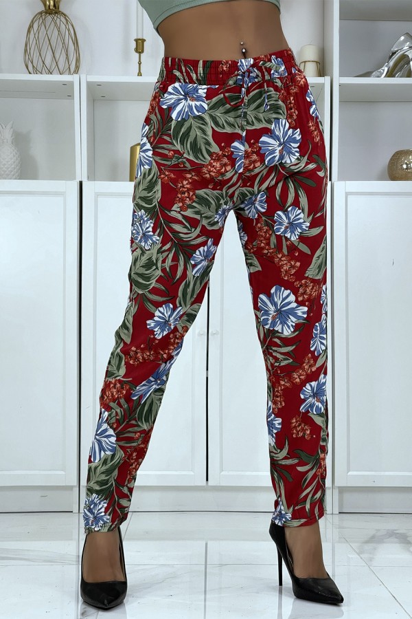 Pantalon fluide bordeaux à motif floral B-21 - 1